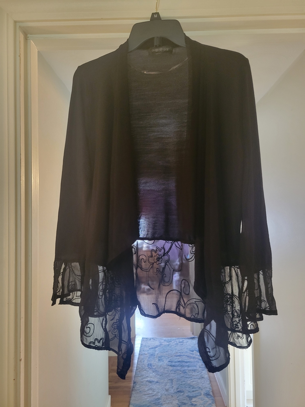 August Silk Black Sheer Floral-Trim Open Front Cardigan